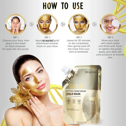 HUASURV
GOLD
RETINOL SNAKE VENOM
GOLD MASK
CONTAINS Retinol Snake Peptide ,essence of gold & hyaluronic acid